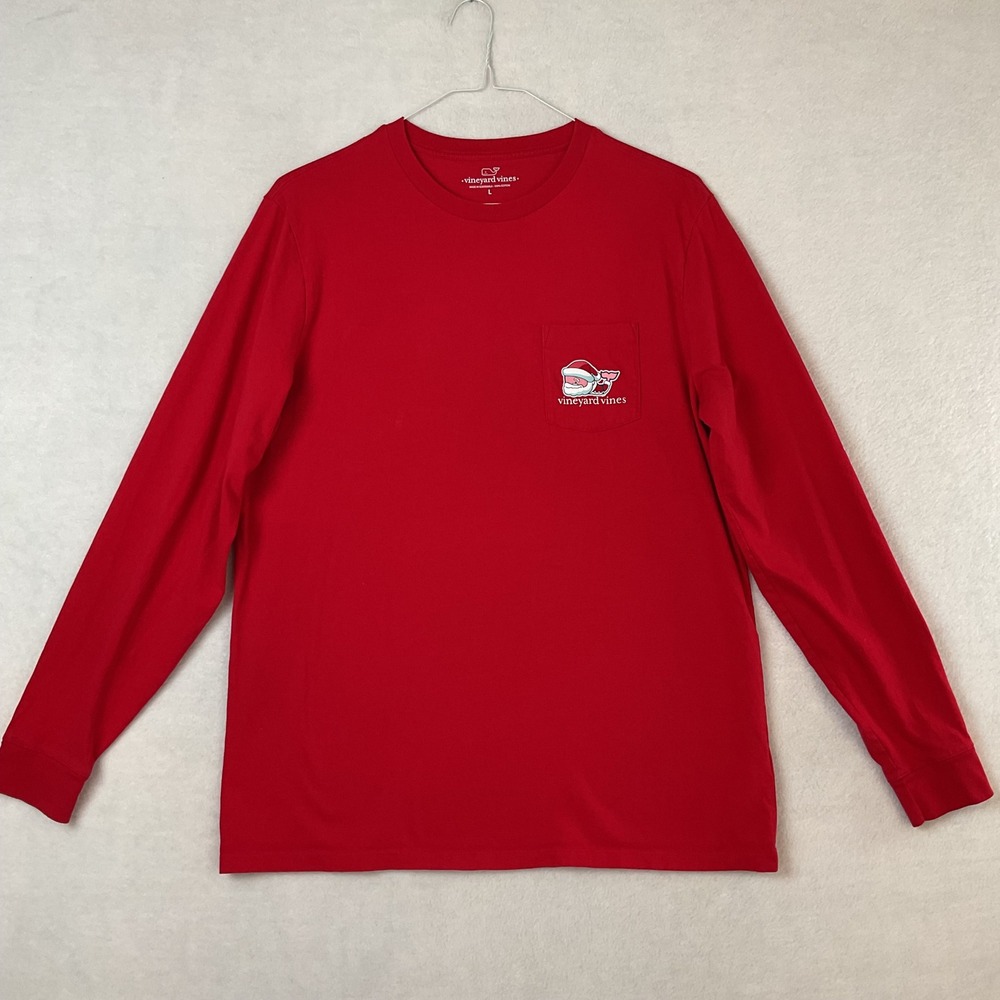 Vineyard Vines Mens Large Red Santa Whale Merry Christmas Long Sleeve Pocket Tee